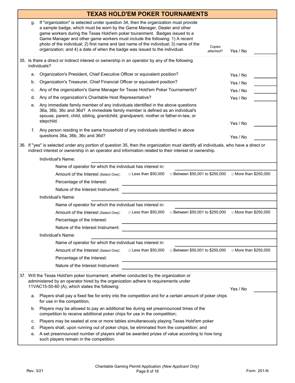 Form 201-N Charitable Gaming Permit Application (New Applicant Only) - Virginia, Page 8