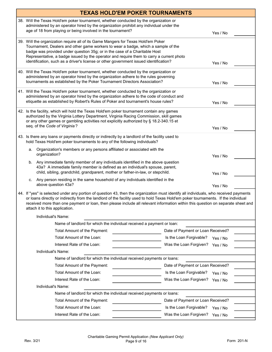 Form 201-N Charitable Gaming Permit Application (New Applicant Only) - Virginia, Page 9