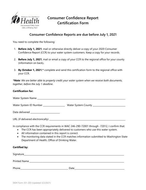 DOH Form 331-203 Consumer Confidence Report Certification Form - Washington, 2021