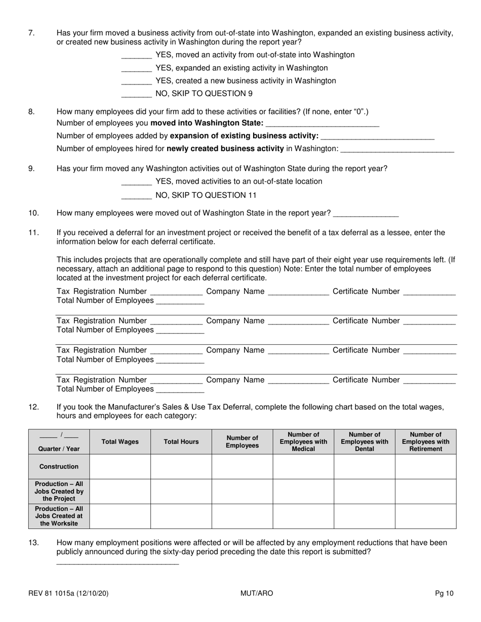 Form REV81 1015A Annual Tax Performance Report for Preferential Tax Rates / Credits / Exemptions / Deferrals Worksheet - Washington, Page 10