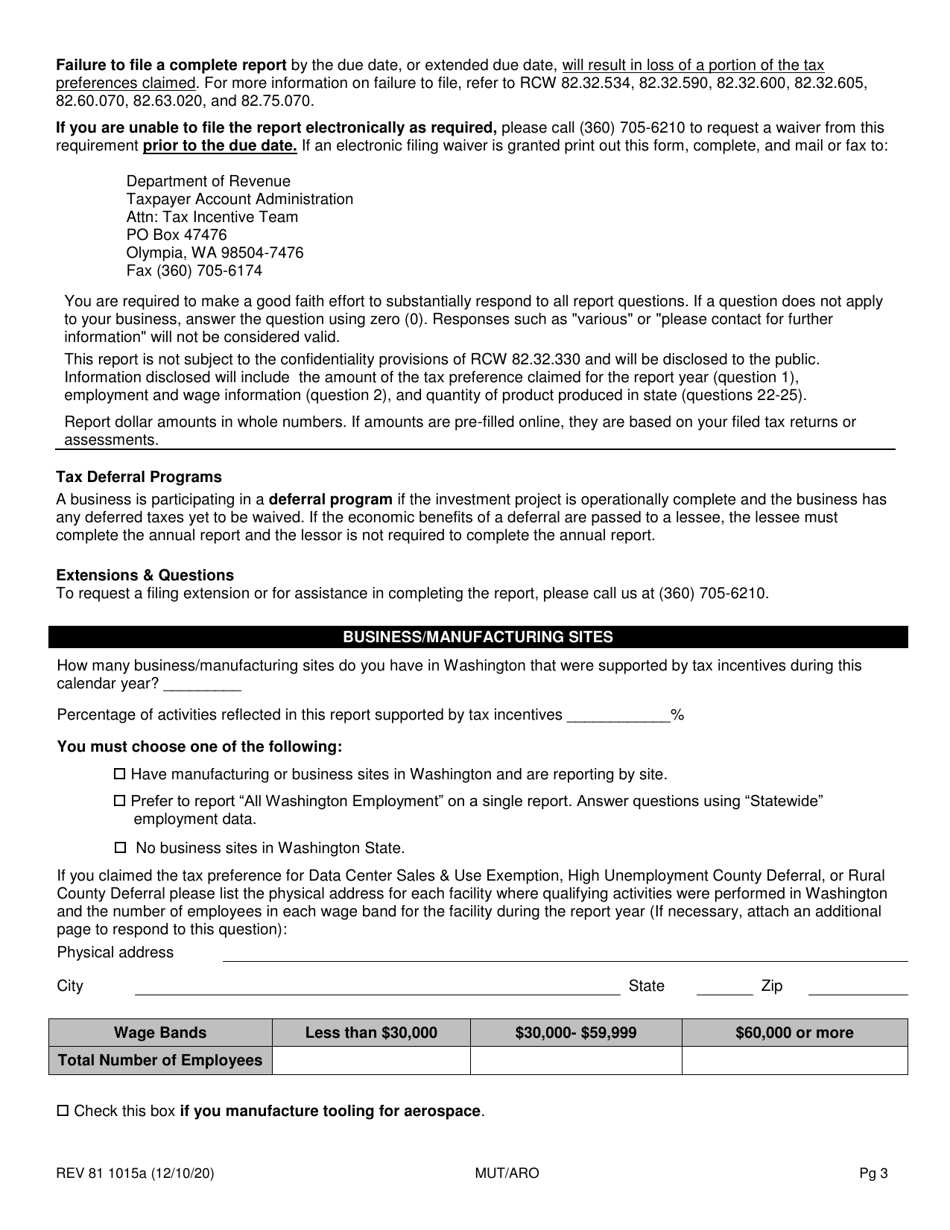 Form REV81 1015A Annual Tax Performance Report for Preferential Tax Rates / Credits / Exemptions / Deferrals Worksheet - Washington, Page 3