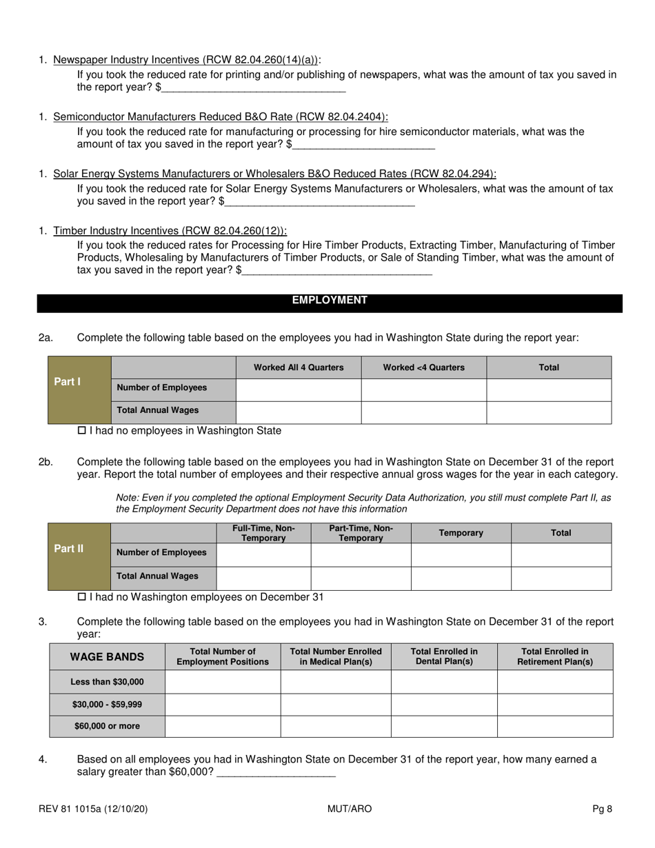 Form REV81 1015A Annual Tax Performance Report for Preferential Tax Rates / Credits / Exemptions / Deferrals Worksheet - Washington, Page 8