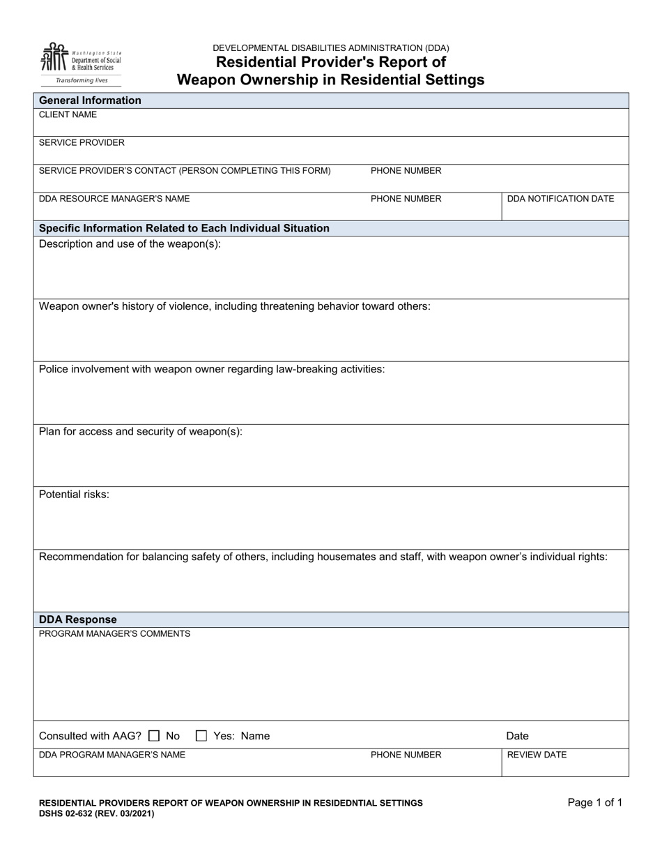 DSHS Form 02-632 Residential Providers Report of Weapon Ownership in Residential Setting - Washington, Page 1