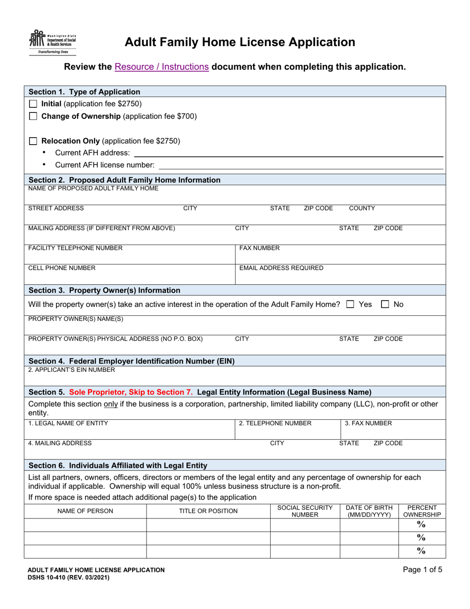 DSHS Form 10410 Download Printable PDF or Fill Online Adult Family