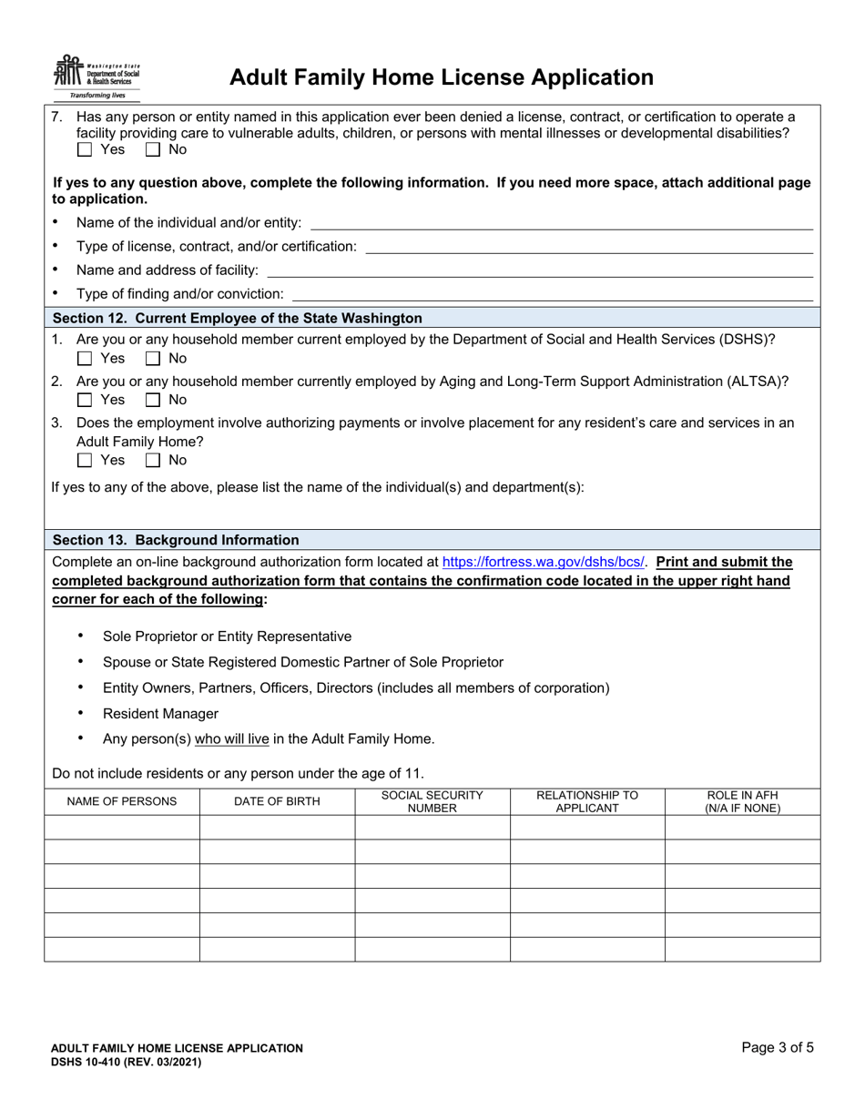 DSHS Form 10-410 Adult Family Home License Application - Washington, Page 3