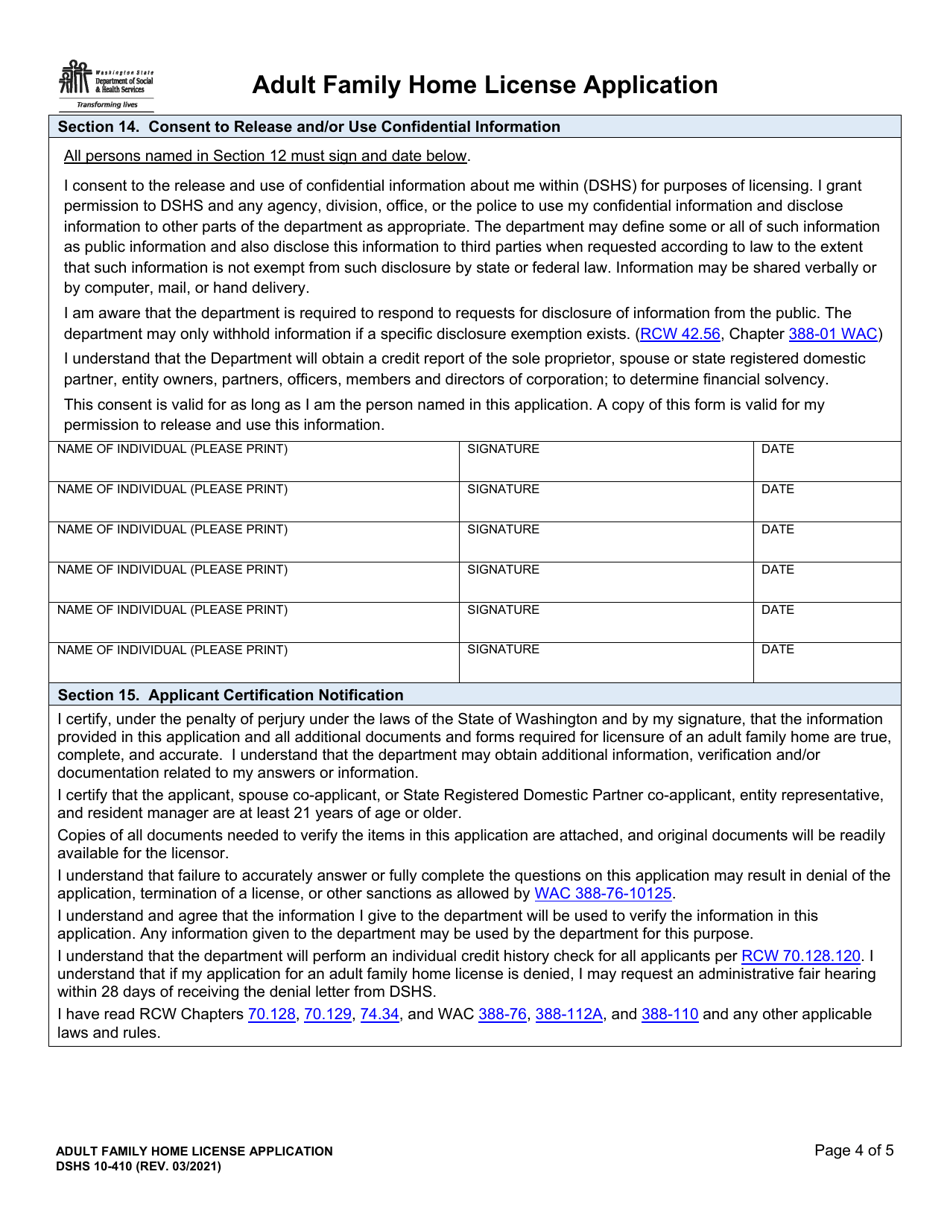 DSHS Form 10-410 Adult Family Home License Application - Washington, Page 4
