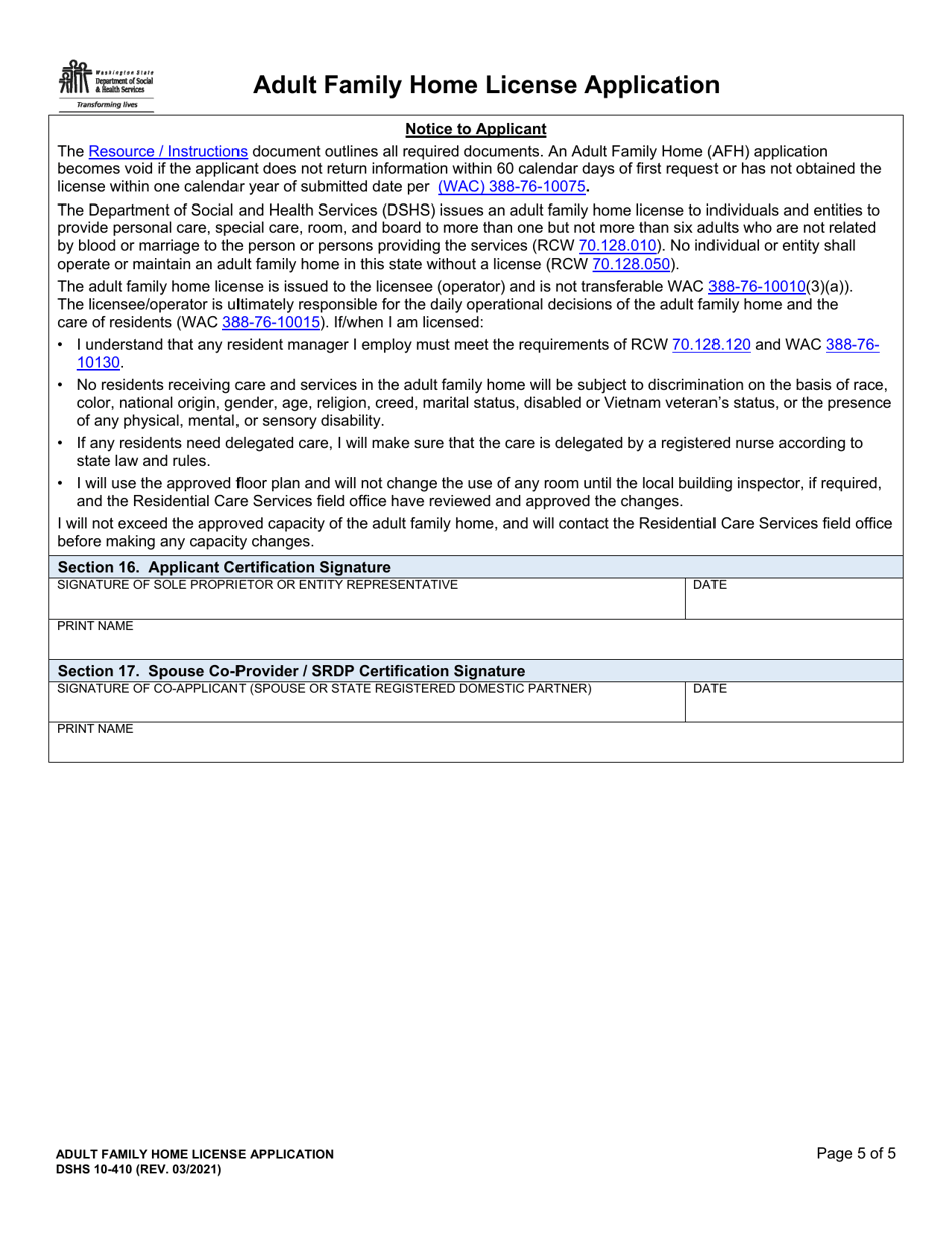 DSHS Form 10-410 Adult Family Home License Application - Washington, Page 5