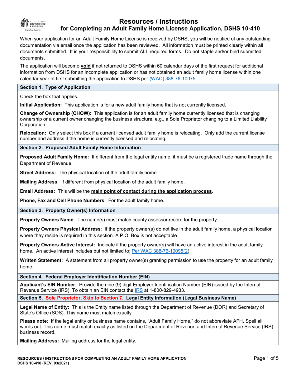 Download Instructions for DSHS Form 10-410 Adult Family Home License ...