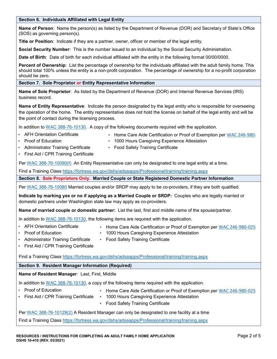 Instructions for DSHS Form 10-410 Adult Family Home License Application - Washington, Page 2
