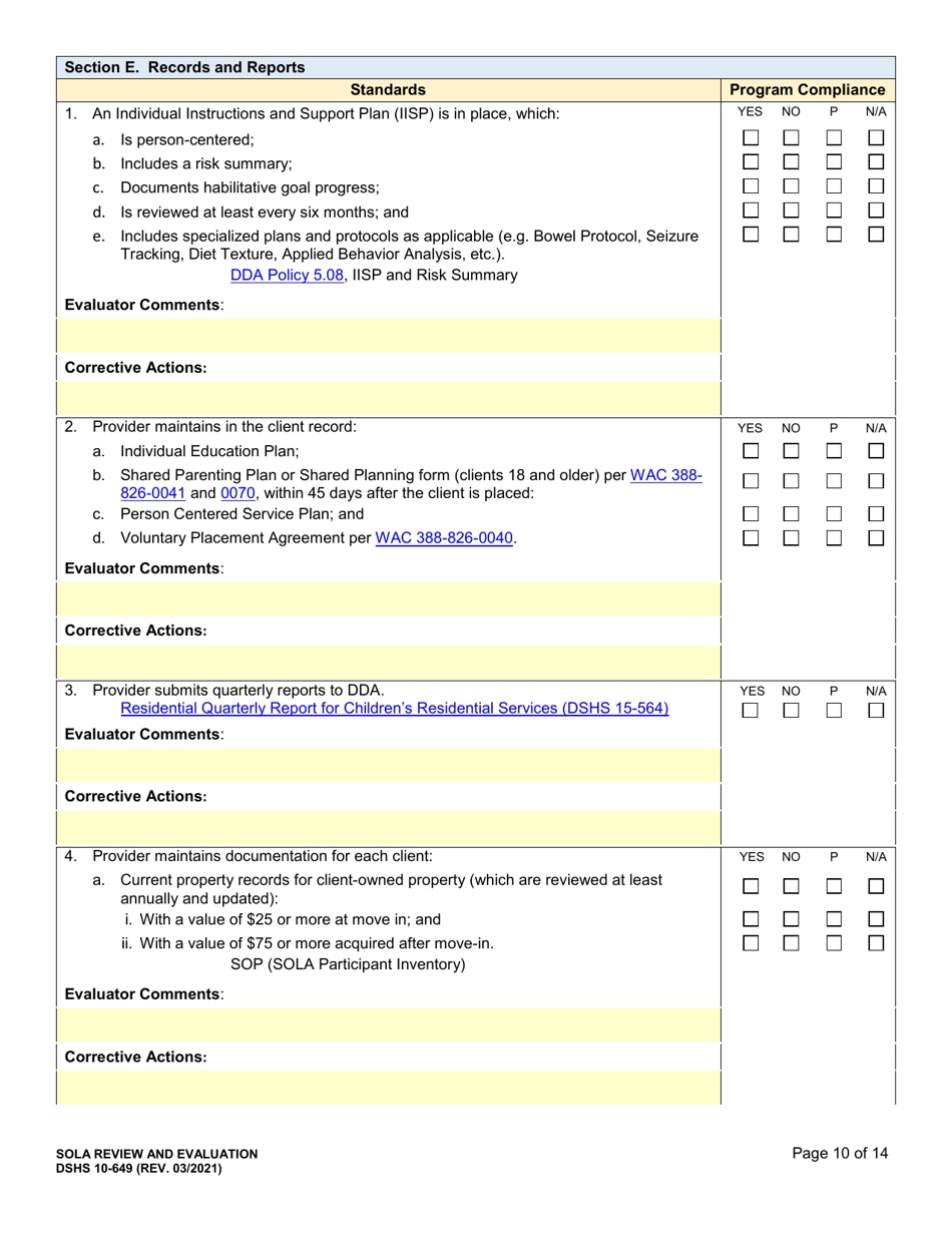 DSHS Form 10-649 Childrens State Operated Living Alternatives (Sola) Certification Evaluation - Washington, Page 10
