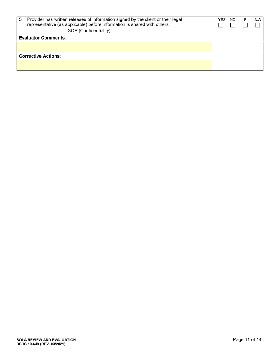 DSHS Form 10-649 Childrens State Operated Living Alternatives (Sola) Certification Evaluation - Washington, Page 11