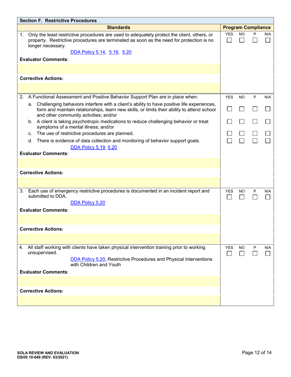 DSHS Form 10-649 Childrens State Operated Living Alternatives (Sola) Certification Evaluation - Washington, Page 12
