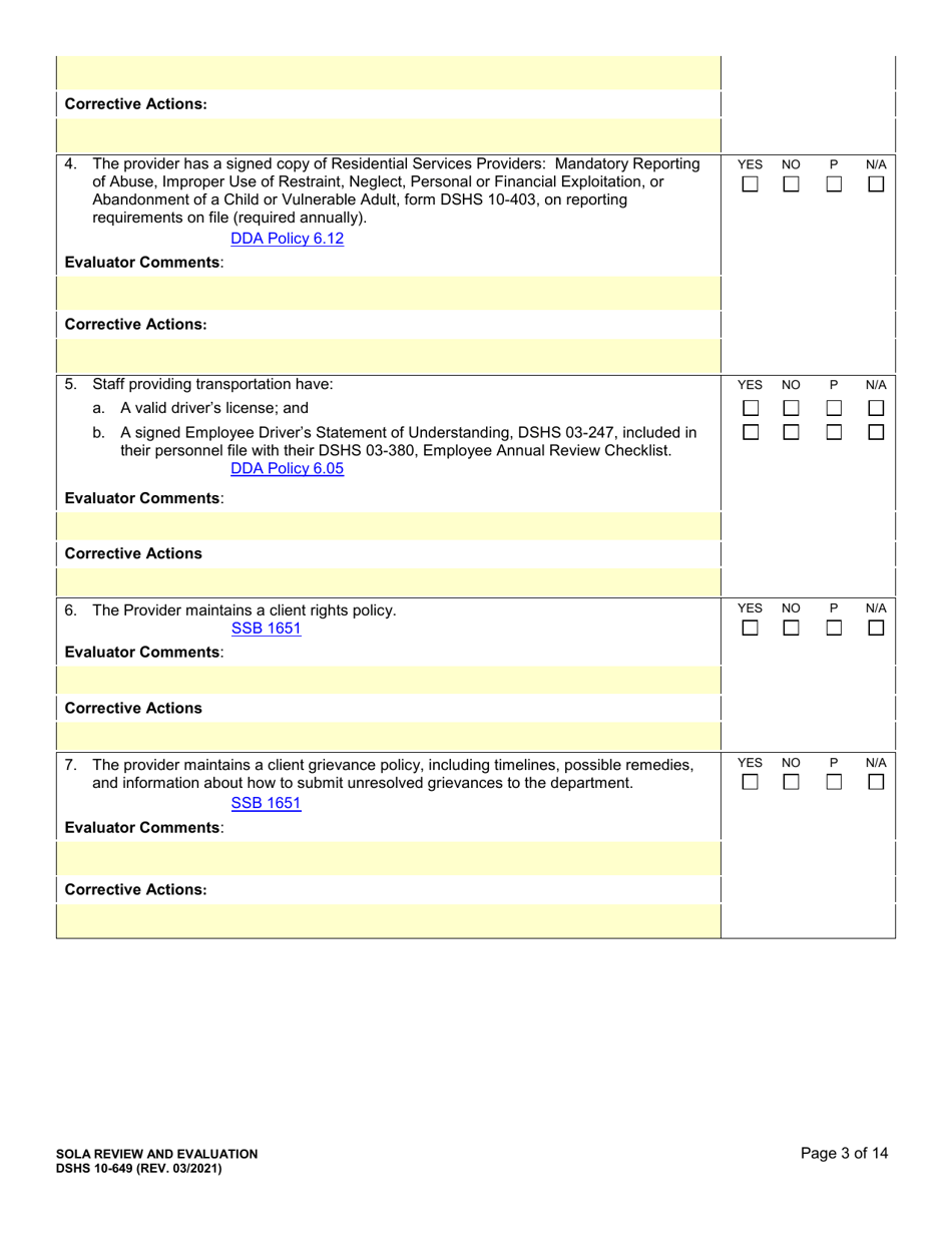 DSHS Form 10-649 Childrens State Operated Living Alternatives (Sola) Certification Evaluation - Washington, Page 3