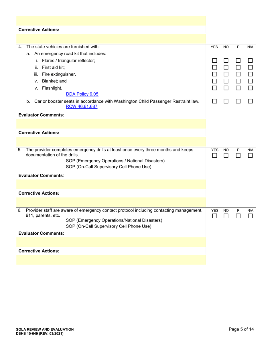 DSHS Form 10-649 Childrens State Operated Living Alternatives (Sola) Certification Evaluation - Washington, Page 5