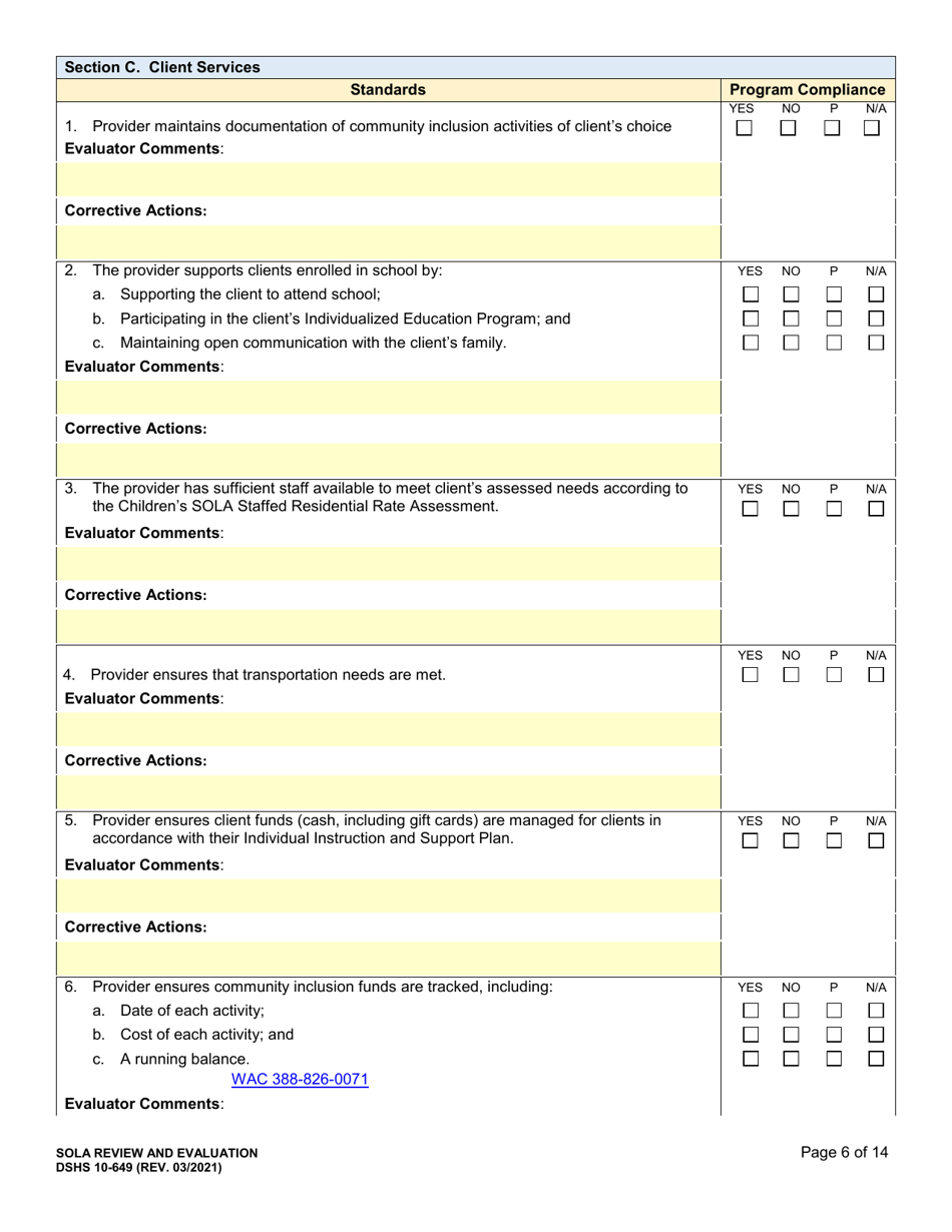 DSHS Form 10-649 Childrens State Operated Living Alternatives (Sola) Certification Evaluation - Washington, Page 6