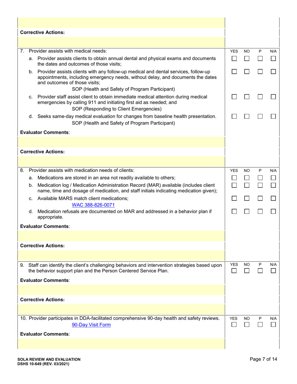 DSHS Form 10-649 Childrens State Operated Living Alternatives (Sola) Certification Evaluation - Washington, Page 7