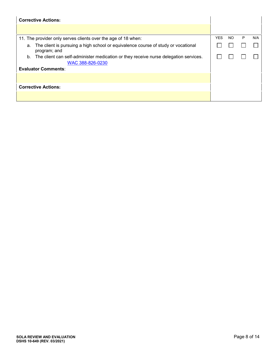 DSHS Form 10-649 Childrens State Operated Living Alternatives (Sola) Certification Evaluation - Washington, Page 8