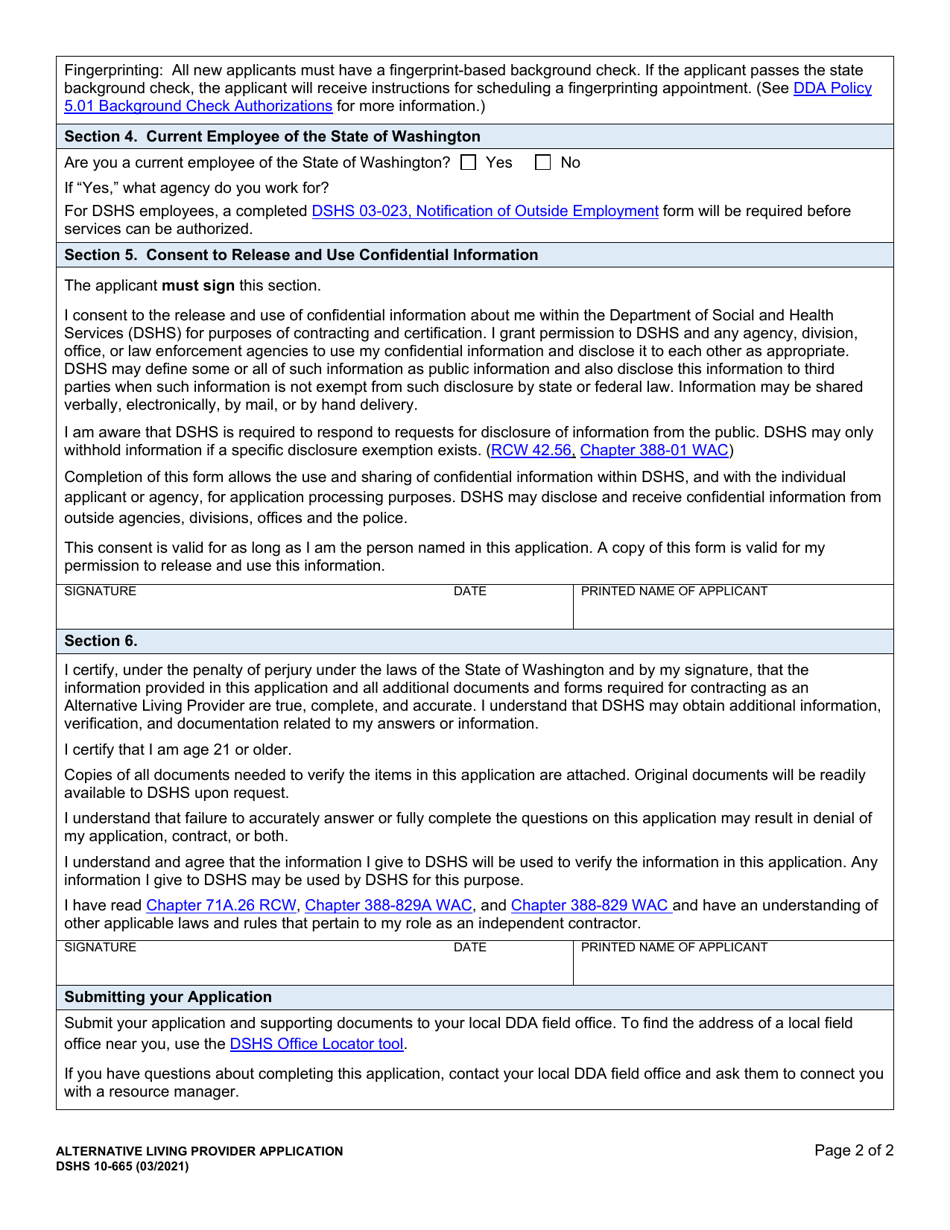 DSHS Form 10-665 Alternative Living Provider Application - Washington, Page 2