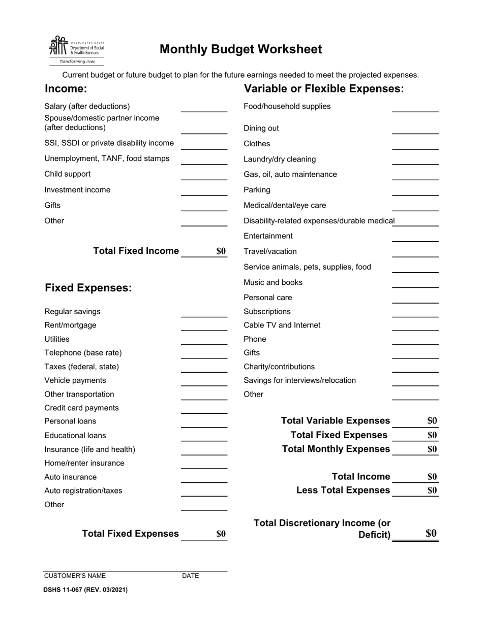 DSHS Form 11-067 Monthly Budget Worksheet - Washington, Page 1