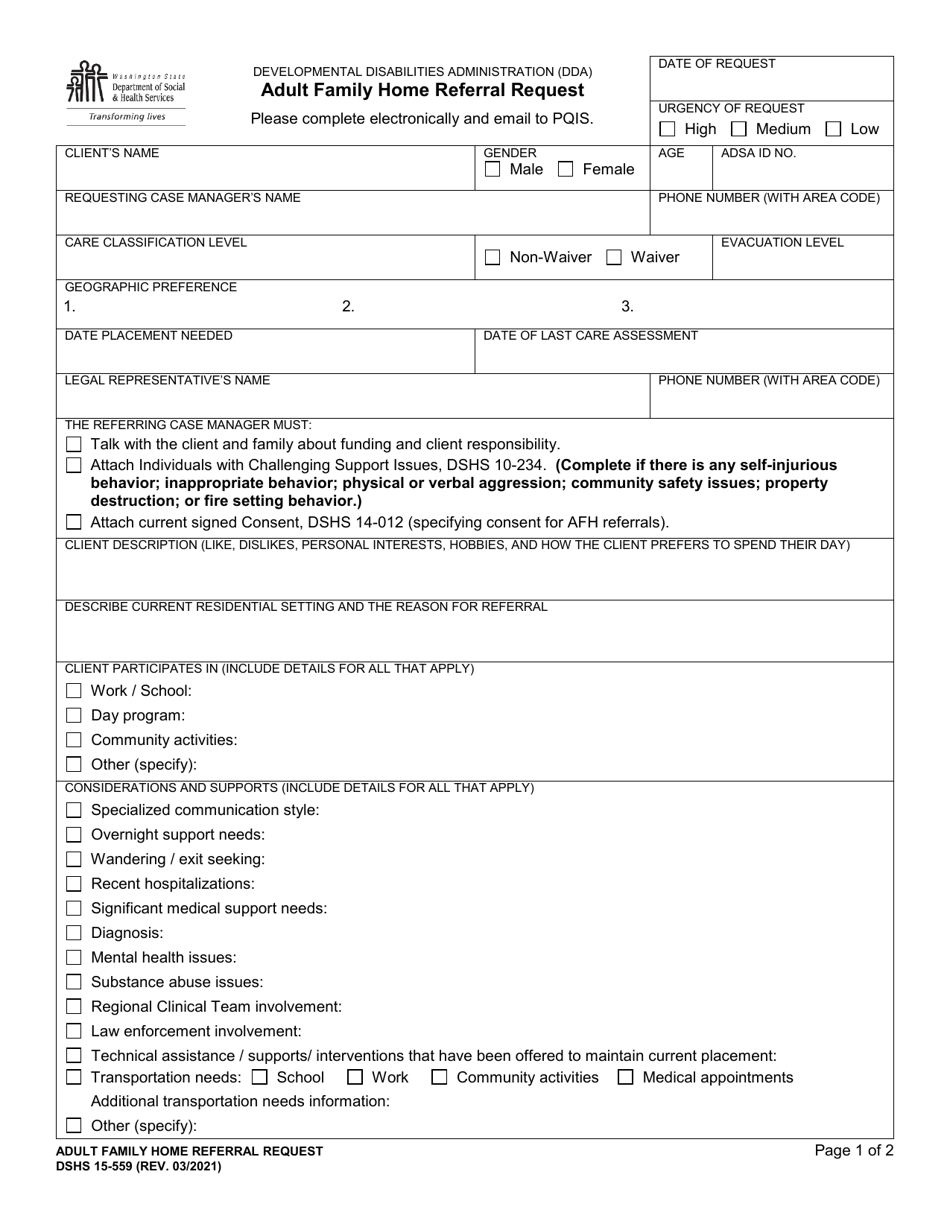 DSHS Form 15-559 Adult Family Home Referral Request - Washington, Page 1