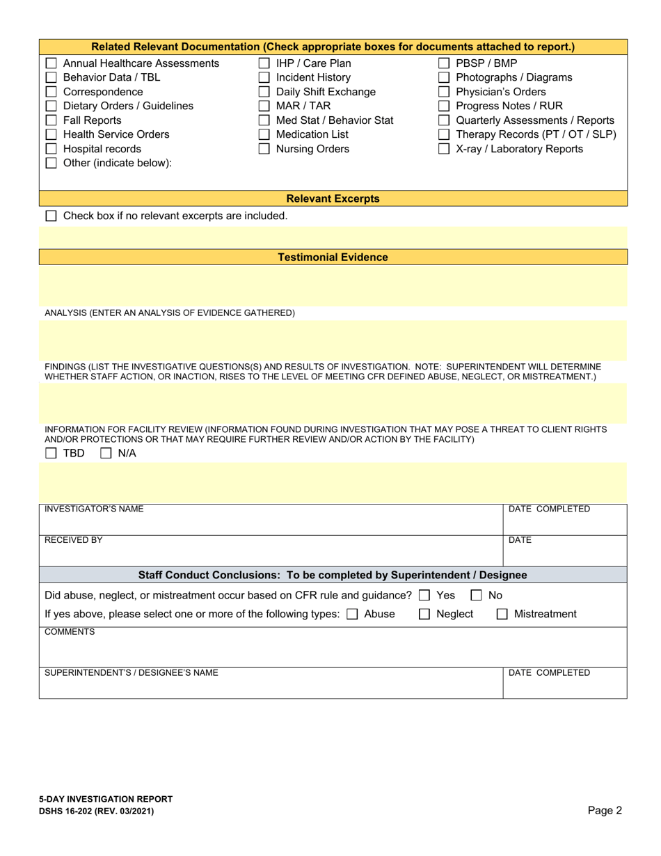 DSHS Form 16-202 5-day Investigation Report - Washington, Page 2