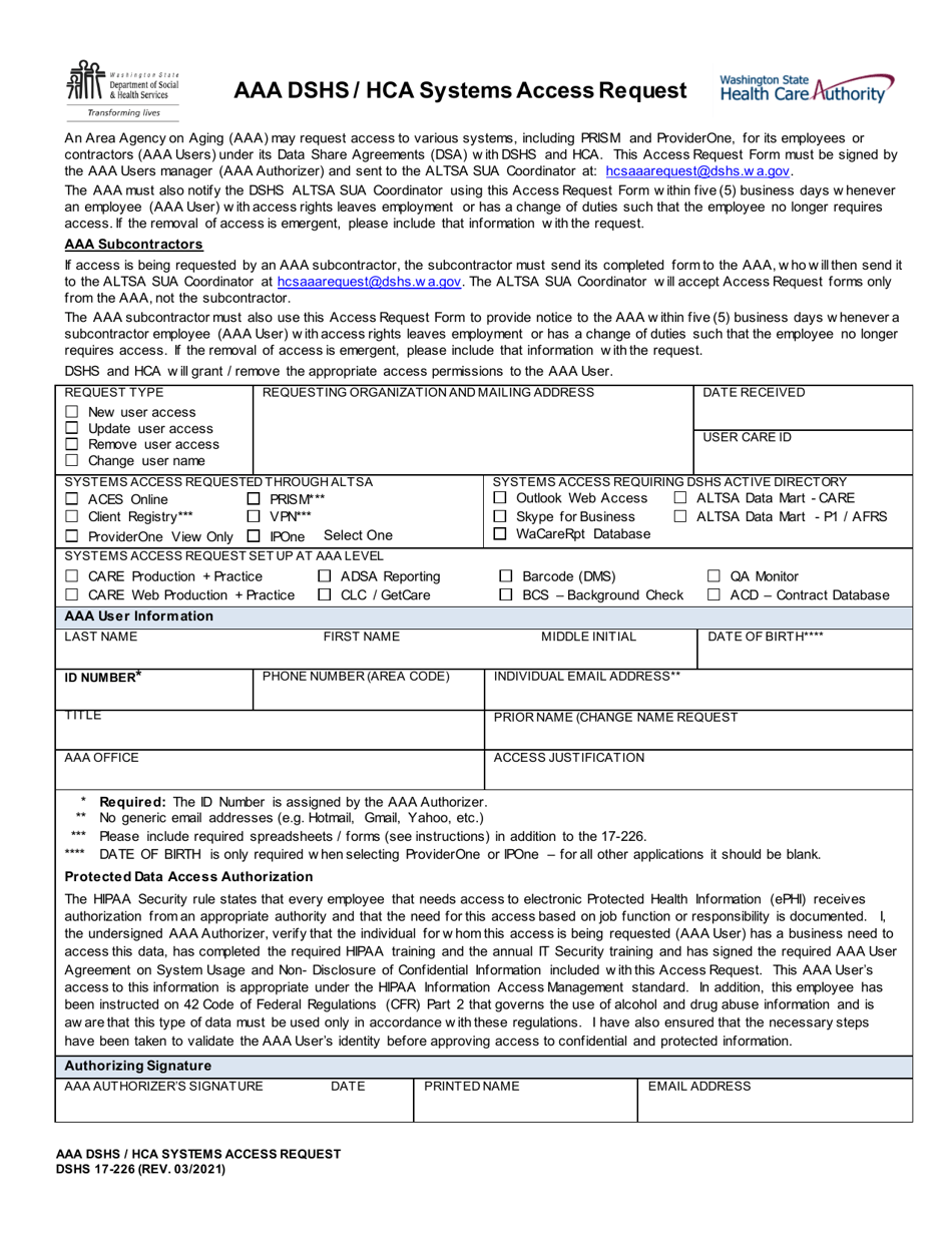 DSHS Form 17-226 Aaa Dshs / Hca Systems Access Request - Washington, Page 1
