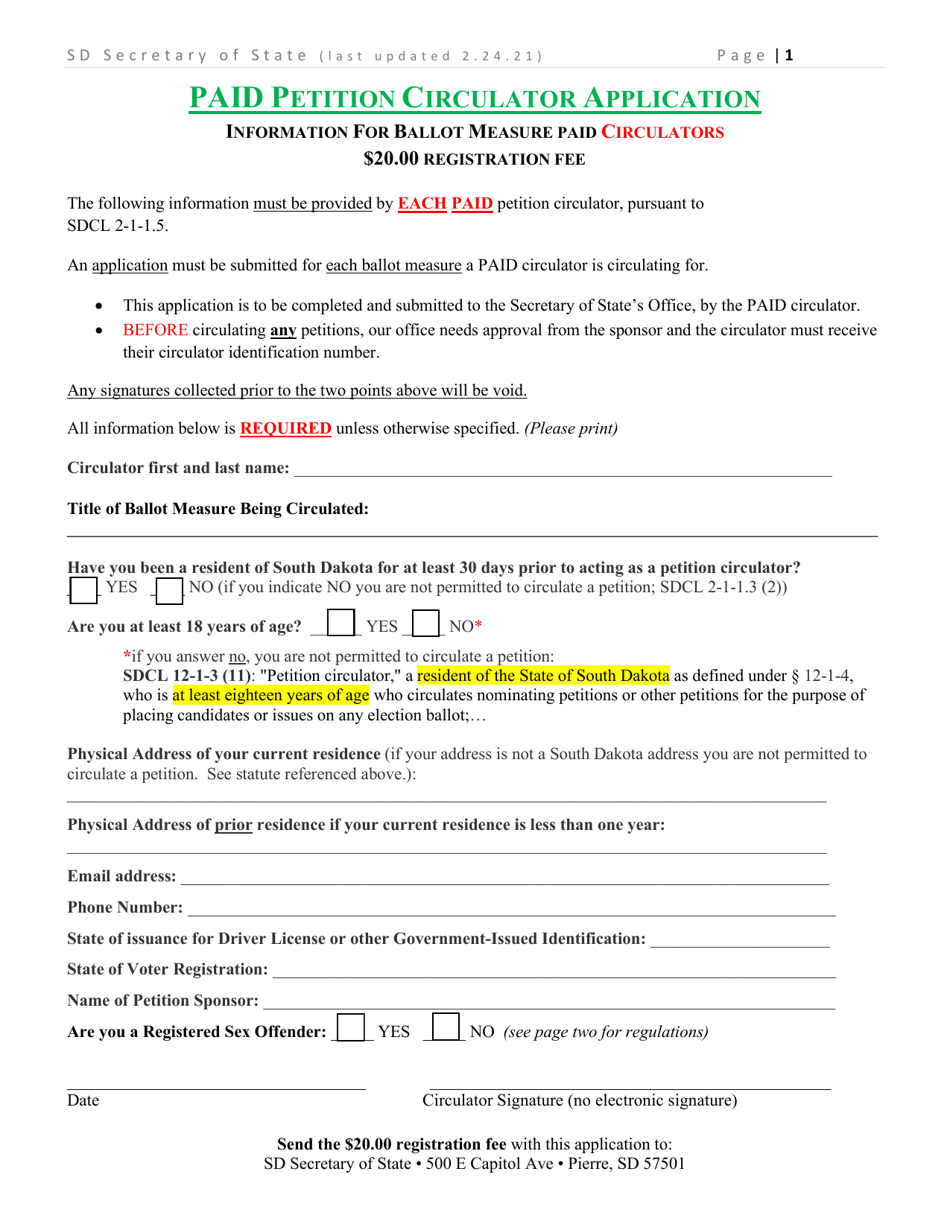 Paid Petition Circulator Application - South Dakota, Page 1