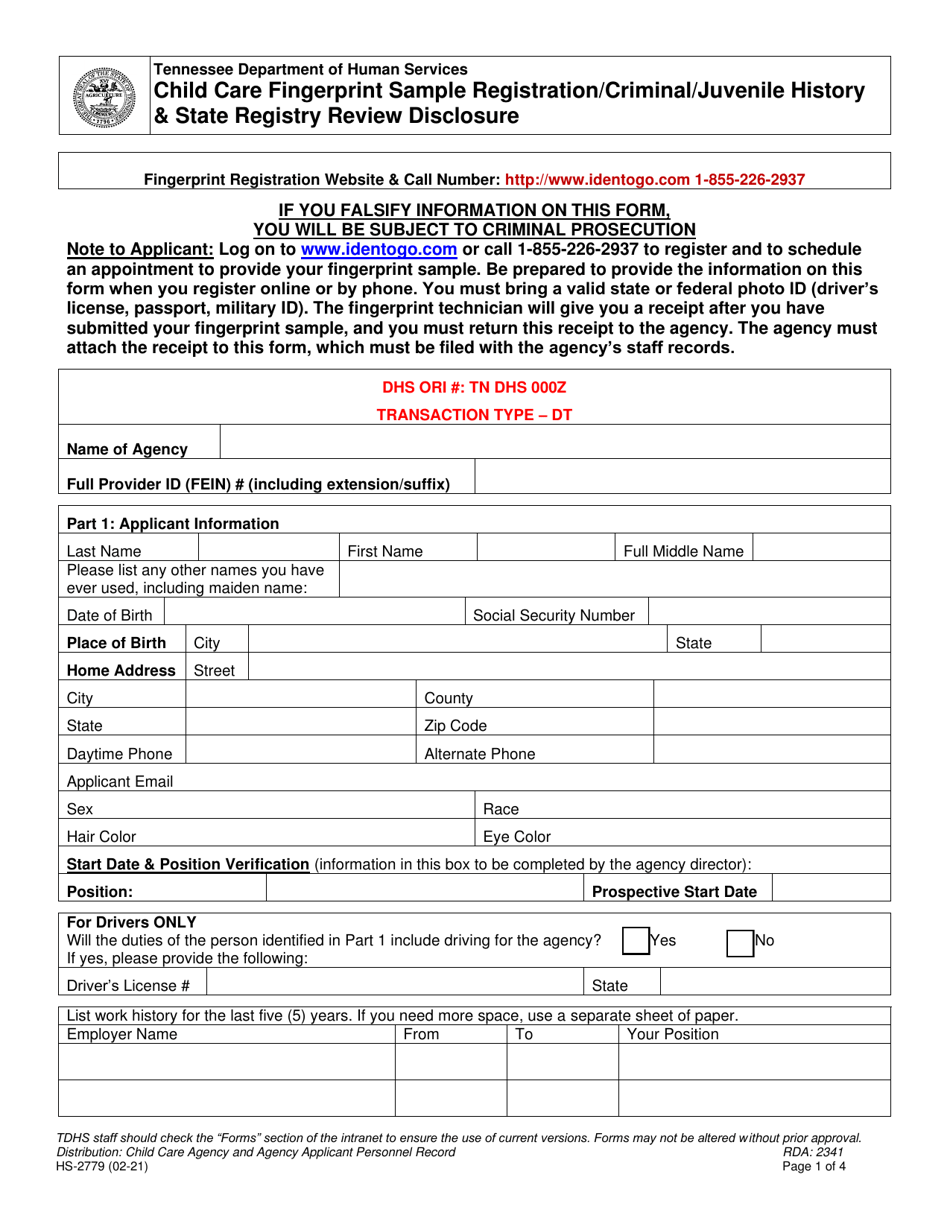 Form HS-2779 Child Care Fingerprint Sample Registration / Criminal / Juvenile History  State Registry Review Disclosure - Tennessee, Page 1