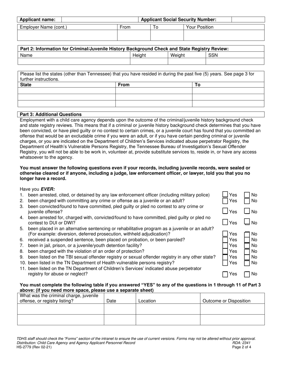 Form HS-2779 Child Care Fingerprint Sample Registration / Criminal / Juvenile History  State Registry Review Disclosure - Tennessee, Page 2