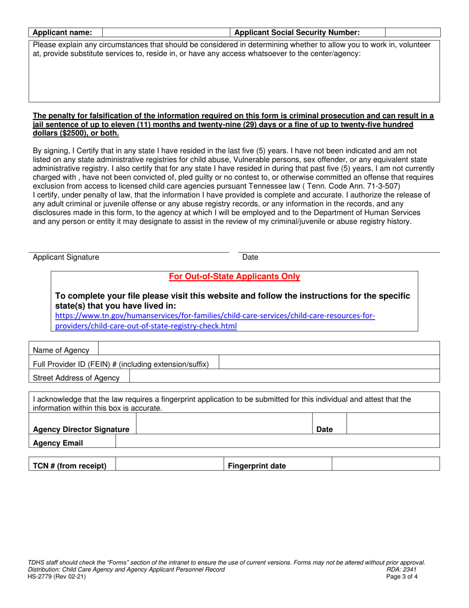 Form HS-2779 Child Care Fingerprint Sample Registration / Criminal / Juvenile History  State Registry Review Disclosure - Tennessee, Page 3