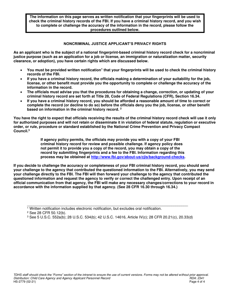 Form HS-2779 Child Care Fingerprint Sample Registration / Criminal / Juvenile History  State Registry Review Disclosure - Tennessee, Page 4
