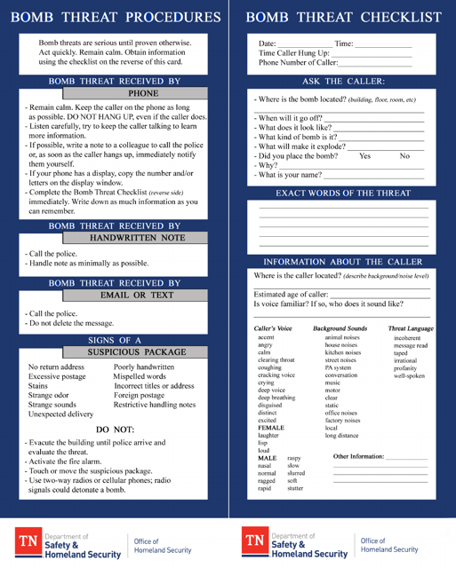 Bomb Threat Reference Card - Tennessee