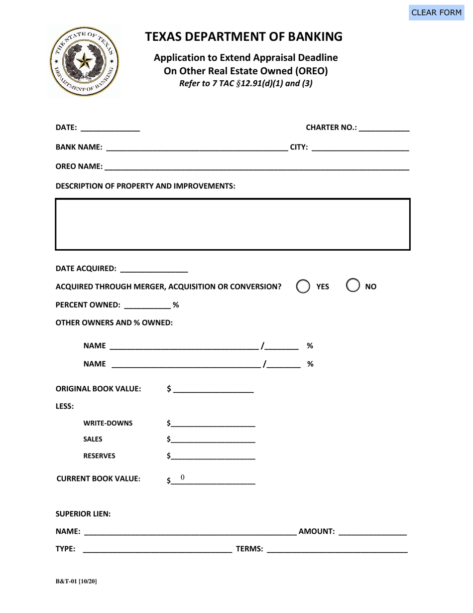 Form BT-01 Application to Extend Appraisal Deadline on Other Real Estate Owned (Oreo) - Texas, Page 1