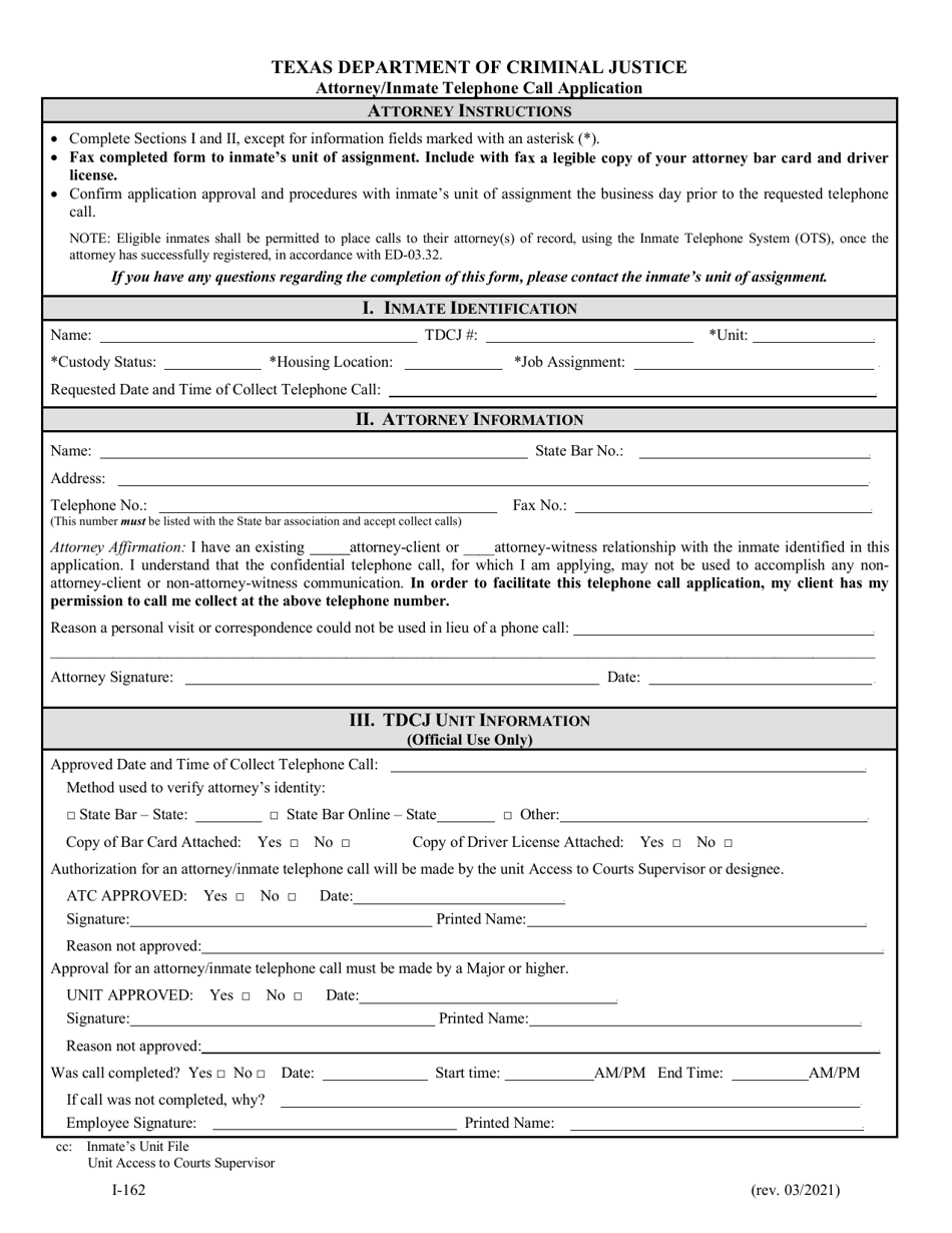 Form I-162 Attorney / Inmate Telephone Call Application - Texas, Page 1