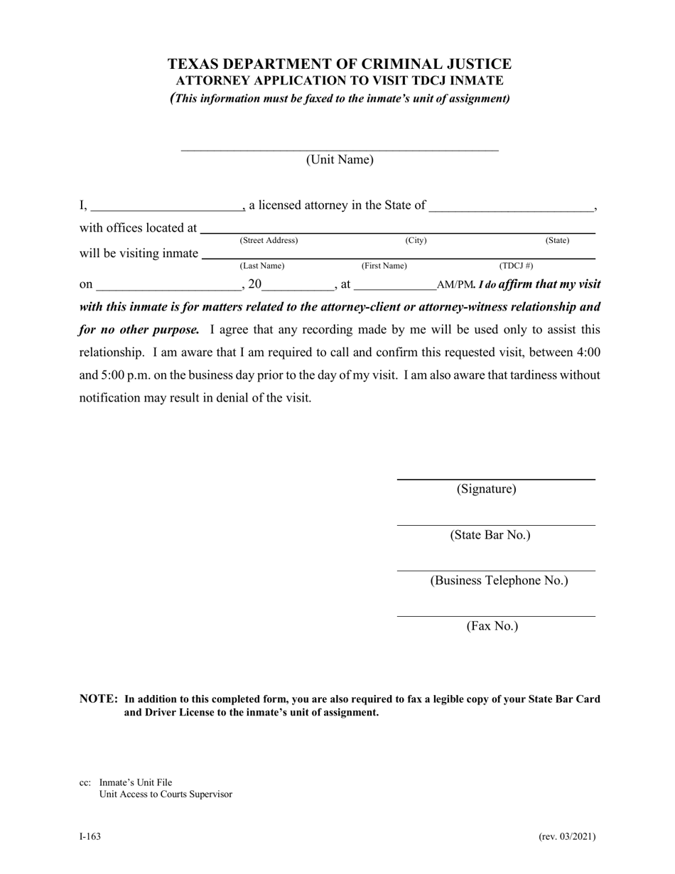 Form I-163 Attorney Application to Visit Tdcj Inmate - Texas, Page 1