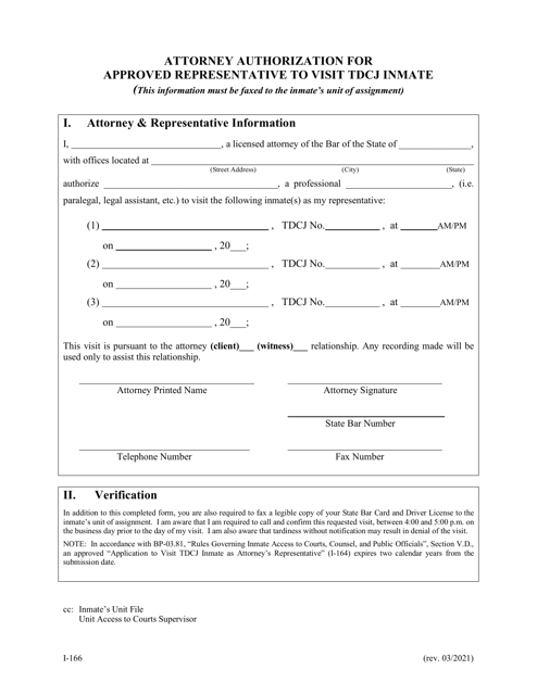 Form I-166 Attorney Authorization for Approved Representative to Visit Tdcj Inmate - Texas