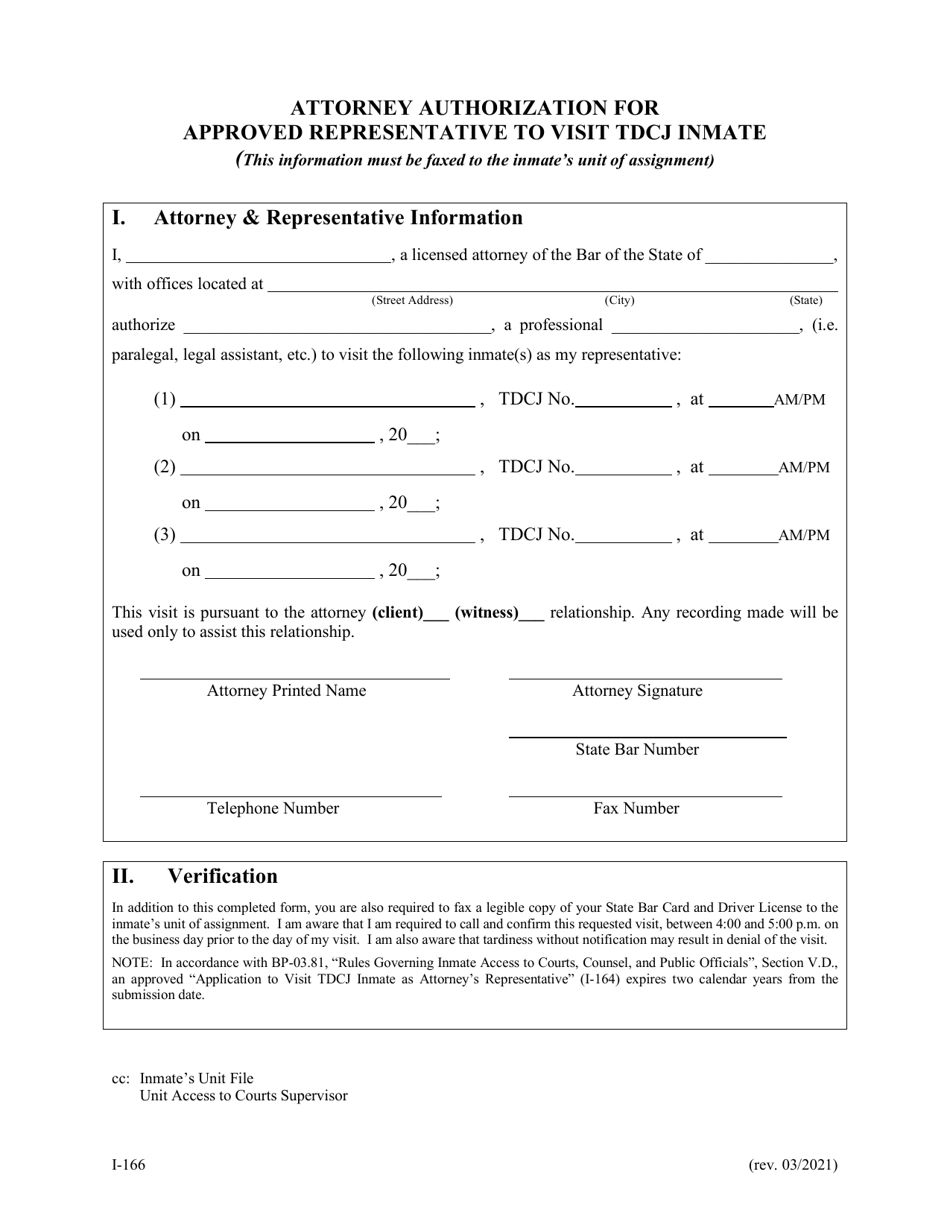 Form I-166 Attorney Authorization for Approved Representative to Visit Tdcj Inmate - Texas, Page 1