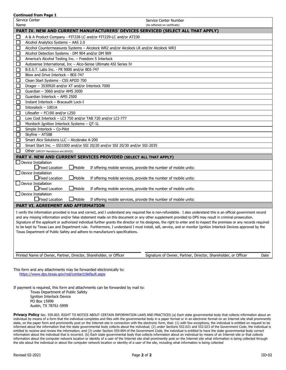 Form IID-02 Ignition Interlock Vendors Information Change Form - Texas, Page 2