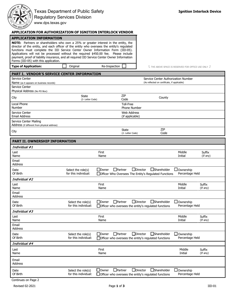 Form IID-01 Application for Authorization of Ignition Interlock Vendor - Texas, Page 1