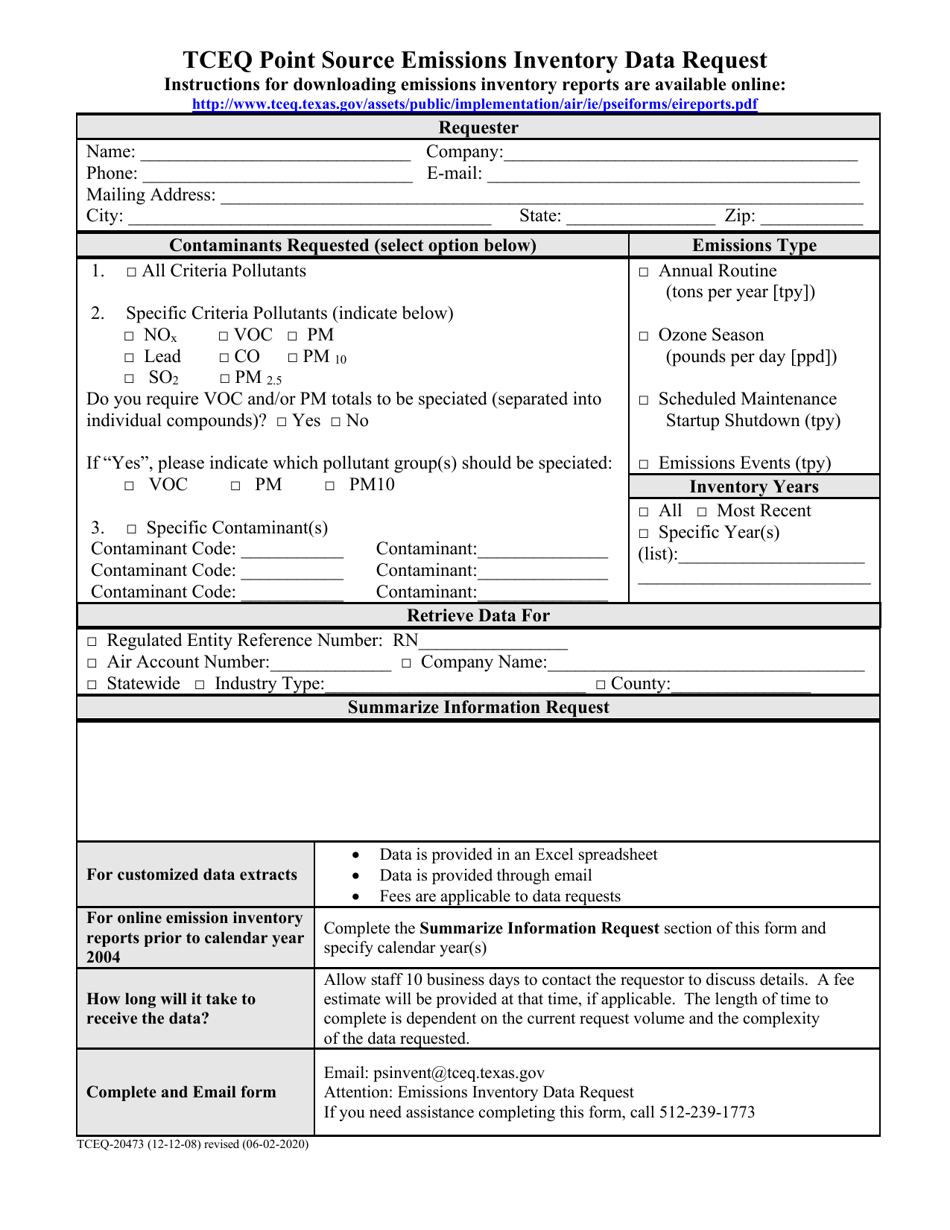 Form TCEQ-20473 Tceq Point Source Emissions Inventory Data Request - Texas, Page 1