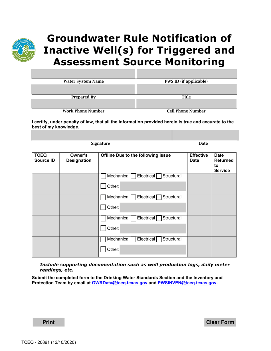 Form TCEQ-20891 Groundwater Rule Notification of Inactive Well(S) for Triggered and Assessment Source Monitoring - Texas, Page 1