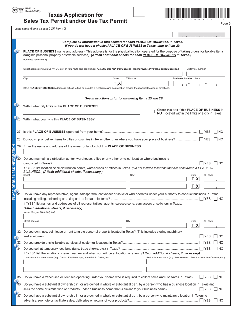Form AP-201 Texas Application for Texas Sales and Use Tax Permit - Texas, Page 3