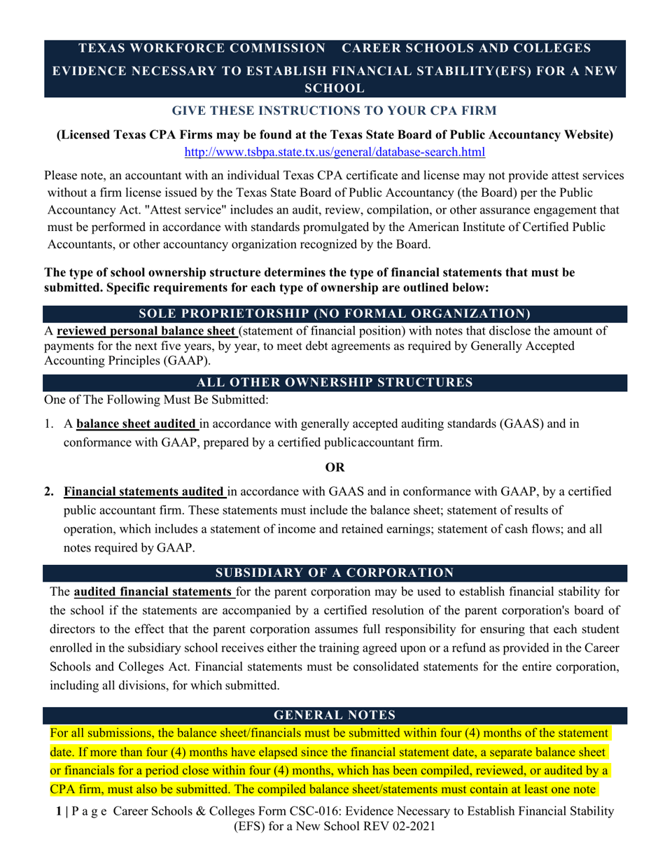 Form CSC-016 Evidence Necessary to Establish Financial Stability (Efs) for a New School - Texas, Page 1