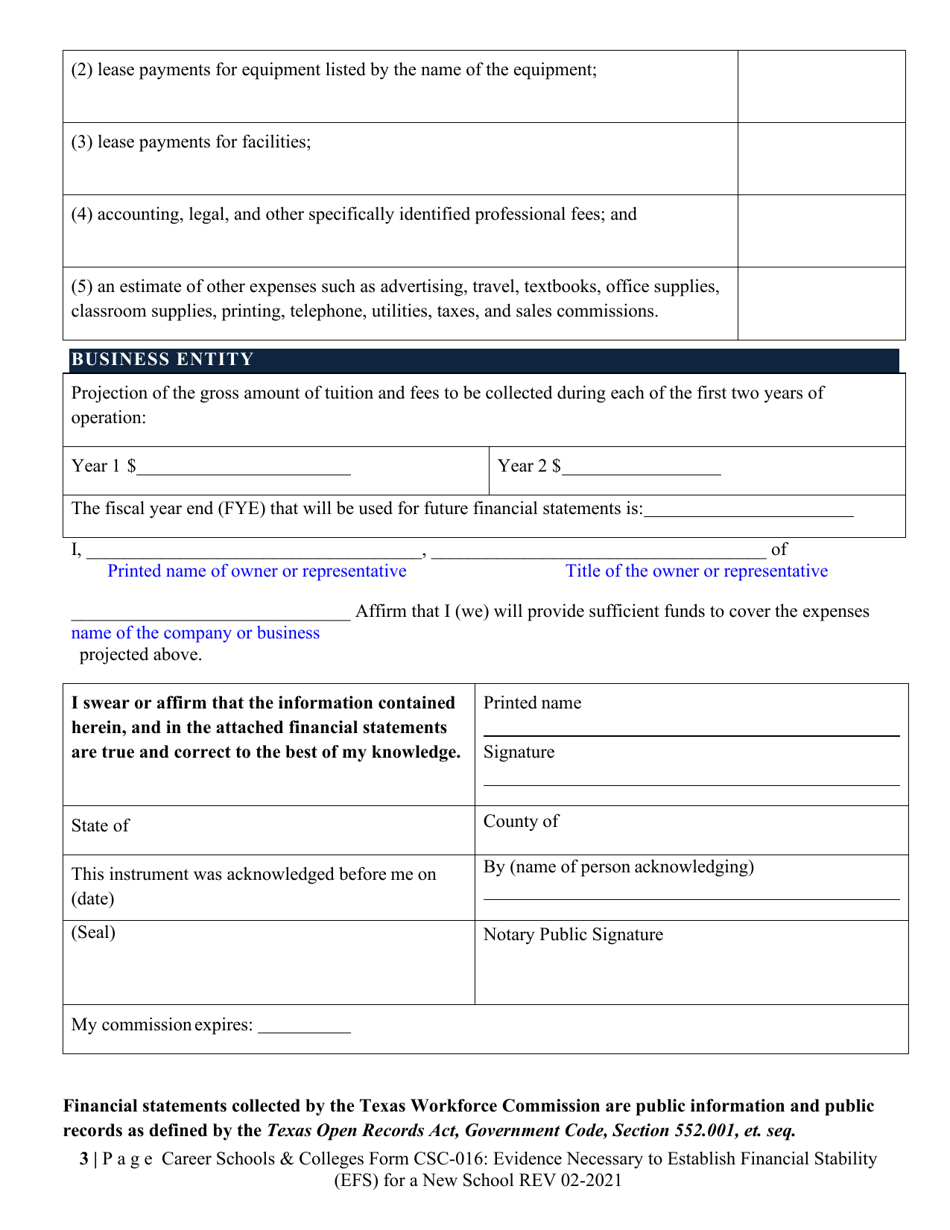 Form CSC-016 Evidence Necessary to Establish Financial Stability (Efs) for a New School - Texas, Page 3