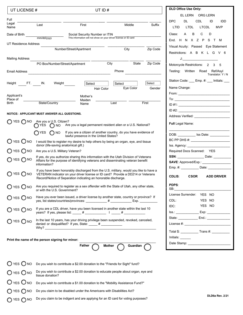Form DLD6A Download Fillable PDF or Fill Online Driver License/Id Card Application, Utah