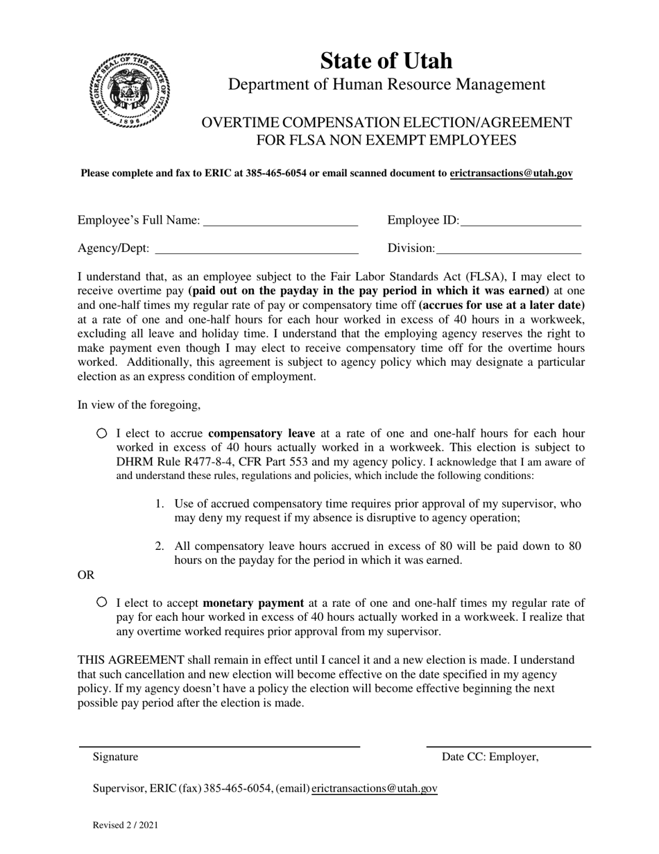 Utah Overtime Compensation Election/Agreement for Flsa Non Exempt