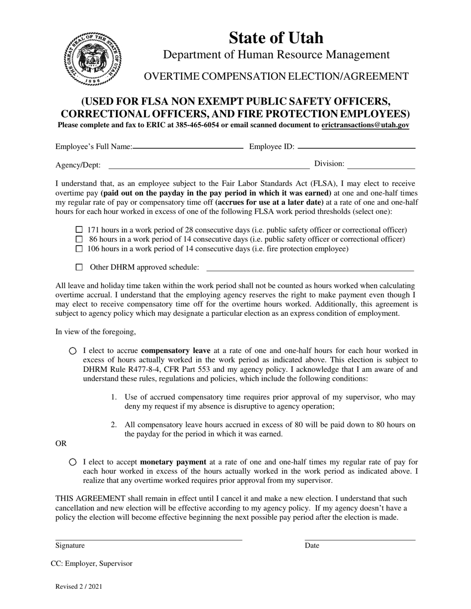 Overtime Compensation Election / Agreement - Utah, Page 1