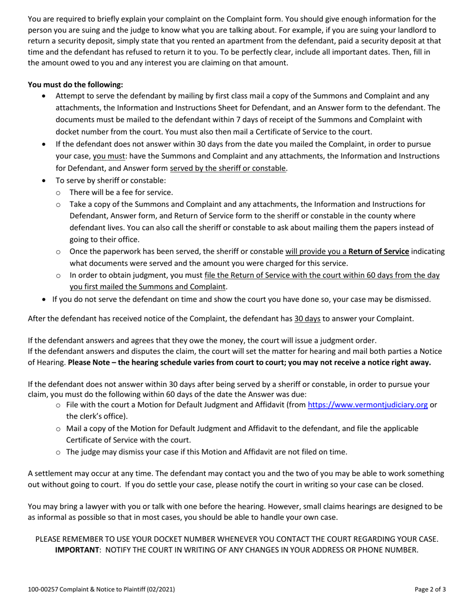 Form 100-00257 Small Claims Complaint - Vermont, Page 2