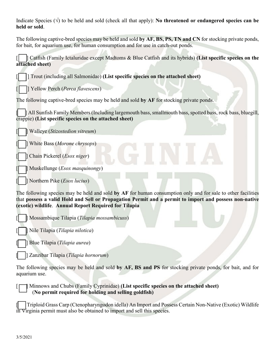 Application for Permit to Hold and Sell Certain Fish, Snakes, Snapping Turtles,  Hellgrammites for Sale - Virginia, Page 2