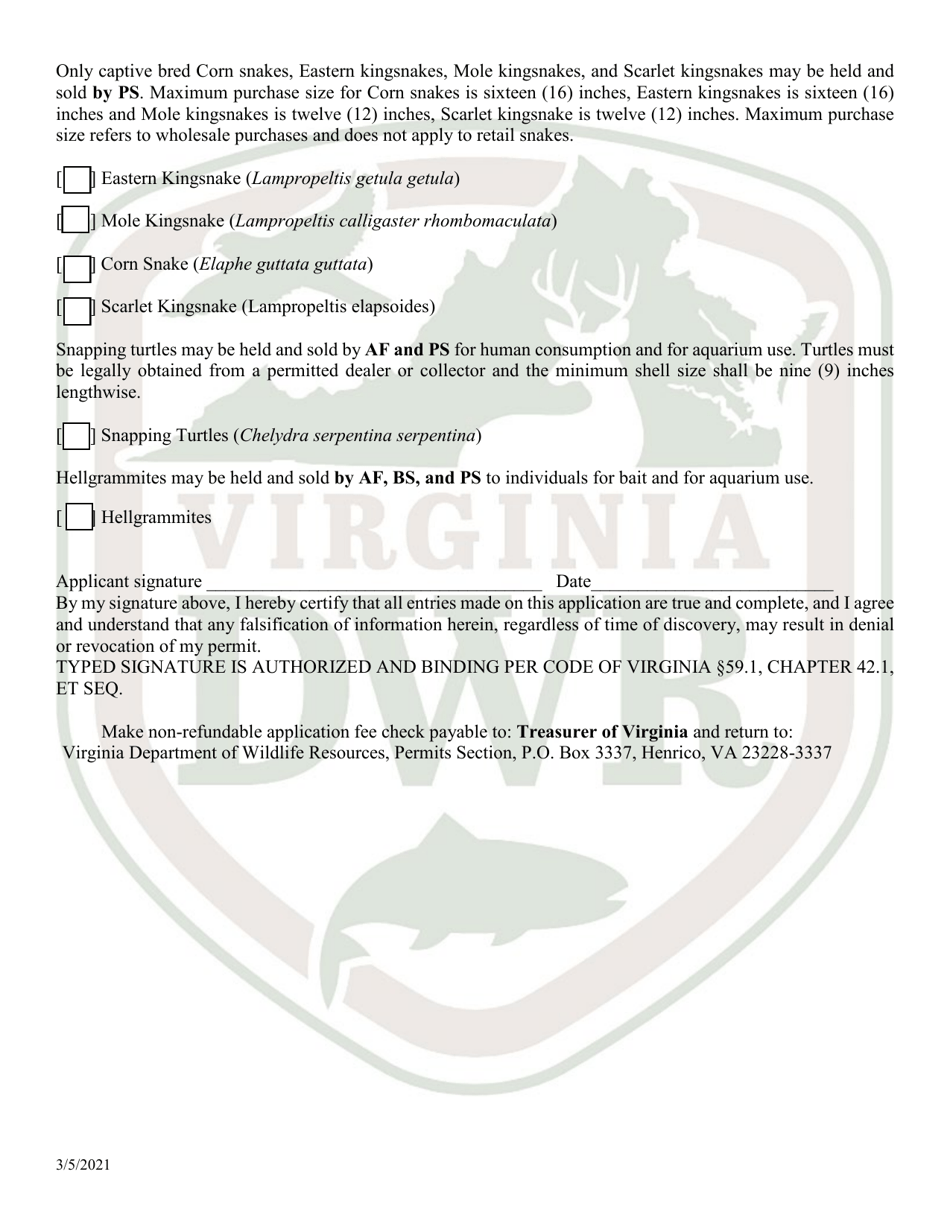 Application for Permit to Hold and Sell Certain Fish, Snakes, Snapping Turtles,  Hellgrammites for Sale - Virginia, Page 3